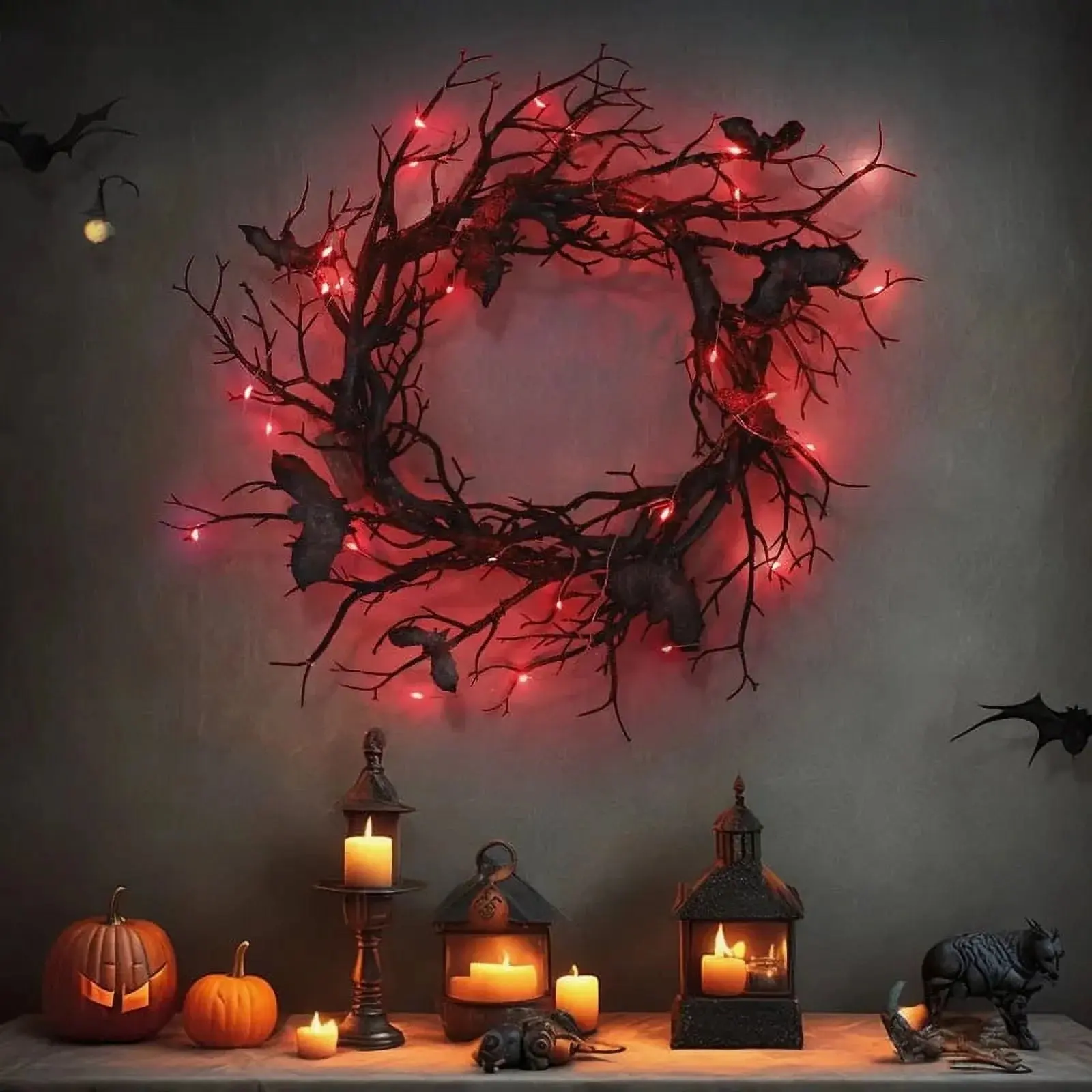 18" Halloween Wreath Bat Black Branch Wreaths with Red LED Light Wreaths for Doors Window Flower Garland Halloween Decoration