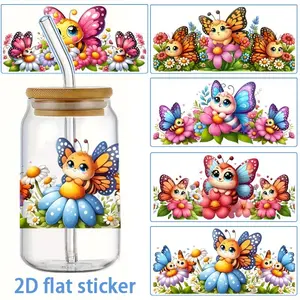 5pcs/sheet Cute Butterfly Bee Flower Design UV DTF Cup Packaging Stickers, Including Butterfly, Bee, Flower Elements, Selfadhesive Paper Suitable for Mugs, Water Bottle Cups, Crafts, Furniture, DIY Packaging Transfer Stickers Perfect for DIY Crafts