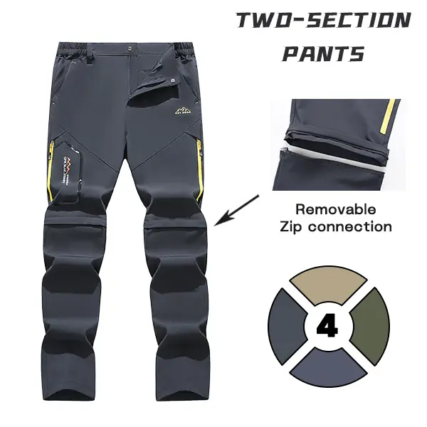 Men’s detachable two-section pants with removable zipper legs and multiple pockets, suitable for hiking, outdoor camping, and everyday commuting.