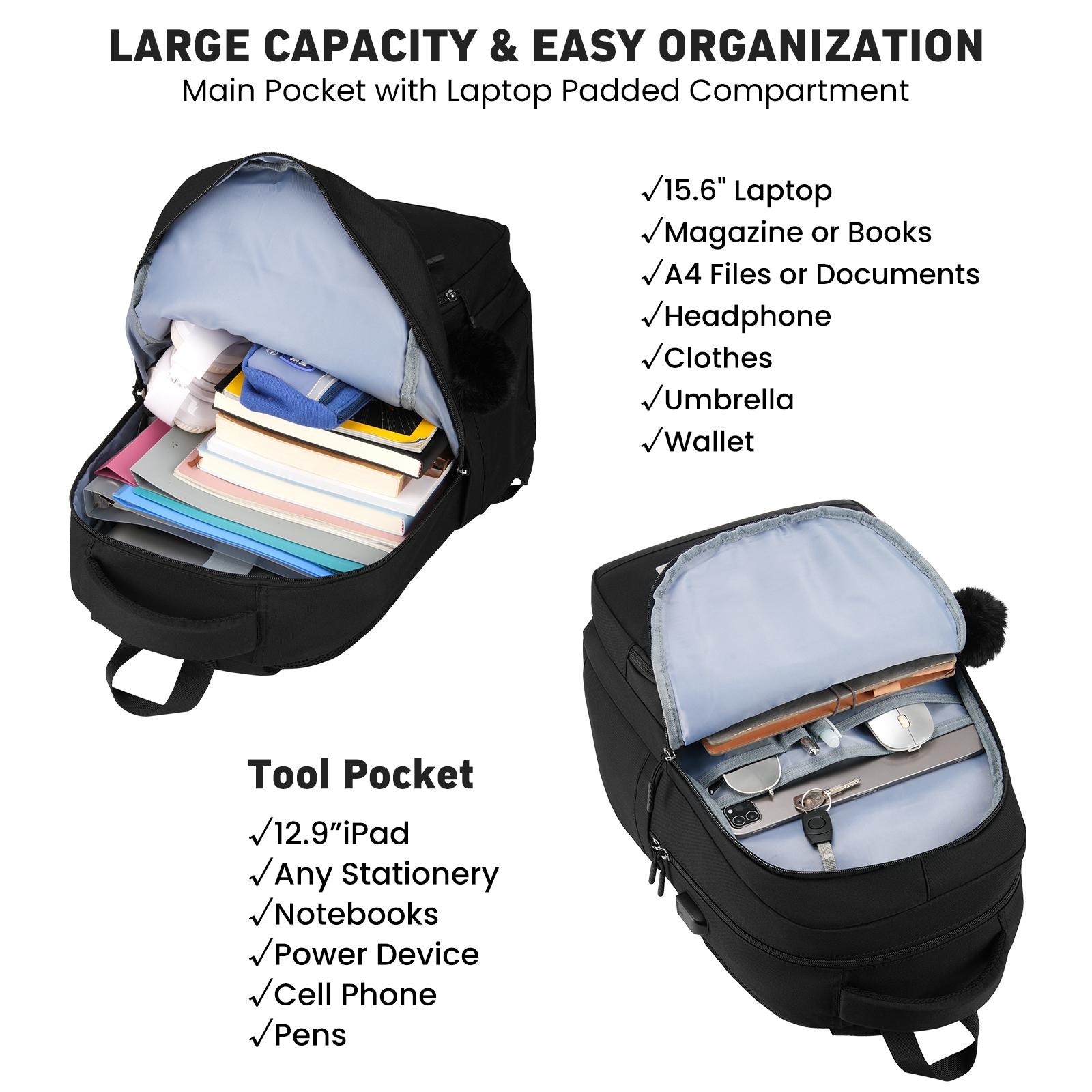 YAMTION 15 Inch Laptop Backpack for Women & Teens, Large Capacity Backpack with USB Charging Port & Cute Pom Pom Keychain, Water Resistant Multi-Compartment Bookbag for School, College, Work, Office, Daily Commute & Travel