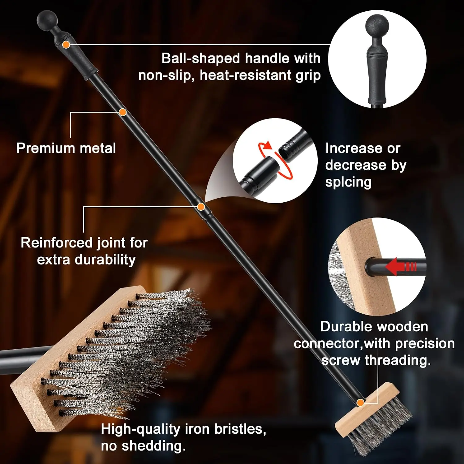 Heavy Duty Fireplace Wire Brush Broom, 59 Inch Adjustable Long Handle Steel Bristle Cleaning Brush for Fireplace, Wood Stove, Hearth, Chimney, Fire Pit, BBQ Grill and Pizza Oven Stainless