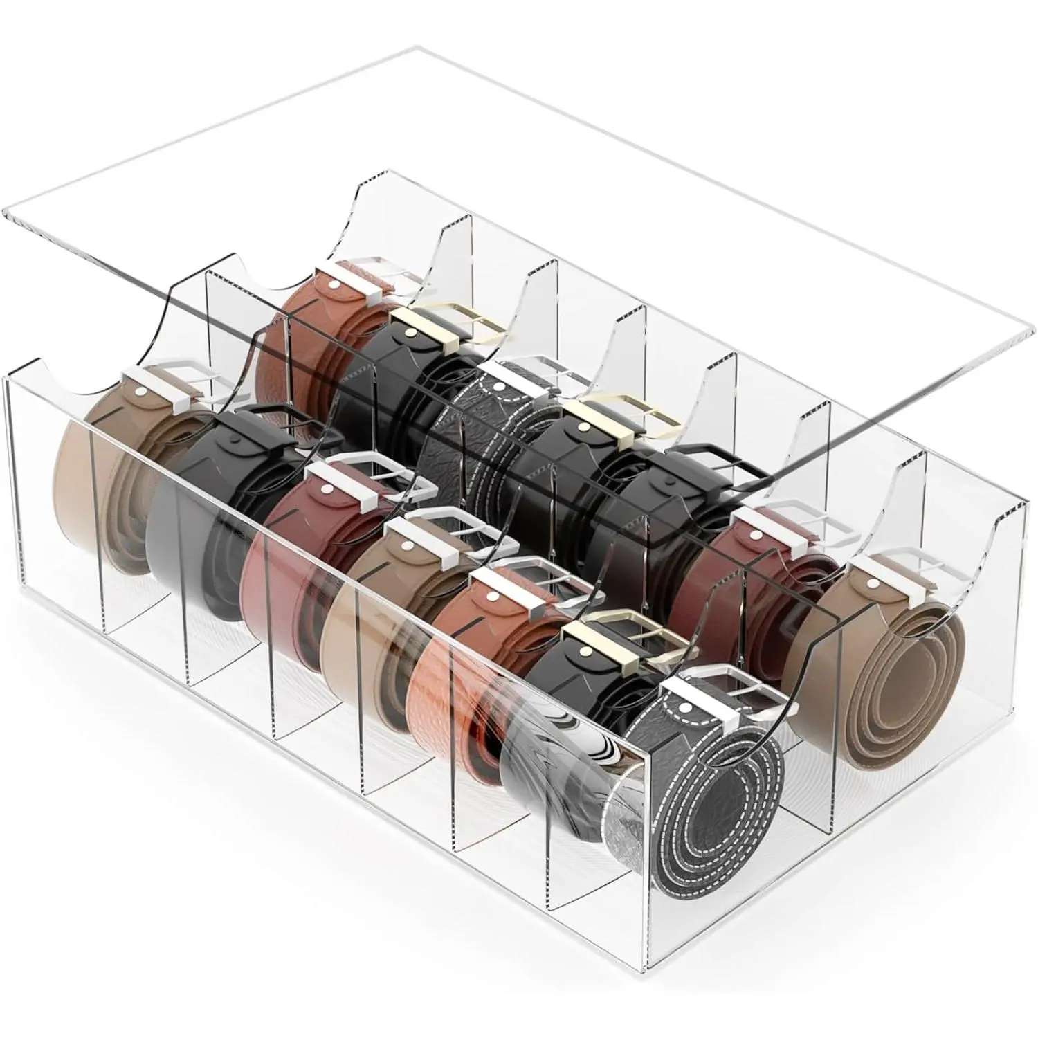 Large Clear Acrylic Belt Organizer with 14 Compartments Storage Dust Cover Display Holder for Home