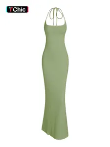 Women's Tie Back Halter Cami Long Dress, Summer Outfits 2024, Womenswear, Elegant Backless Sleeveless Mermaid Bodycon Dresses for Evening Formal Wear, Maxi Dress, Slim-Fitting Solid Plain Pattern, Perfect for Special Occasions, Style