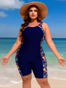 Plus Size Sporty Surf Printed Color Block One-Piece Swimsuit – Tummy Control Slimming Boyleg Bathing Suit
