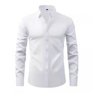 Men's Professional Slim Fit Dress Shirt - Wrinkle Resistant Business Shirt with Stretch Comfort Technology - Ultra Smooth Long Sleeve Formal Office Shirt for Men Casual Top Menswear White Beige Plain
