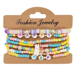 Easter Bracelet Rabbit Pendant Rice Bead Multi-layer Bracelet, Easter Bracelet Easter Rabbit Egg Soft Pottery Beaded Bracelet, Holiday Party Bracelet