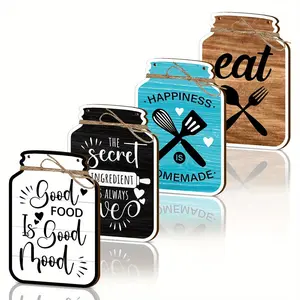 Wooden Hanging Sign with Hemp Rope, 4 Counts/set Vintage Tableware & Letter Pattern  Kitchen Wall Decor, Farmhouse Art Logo  for Home Kitchen