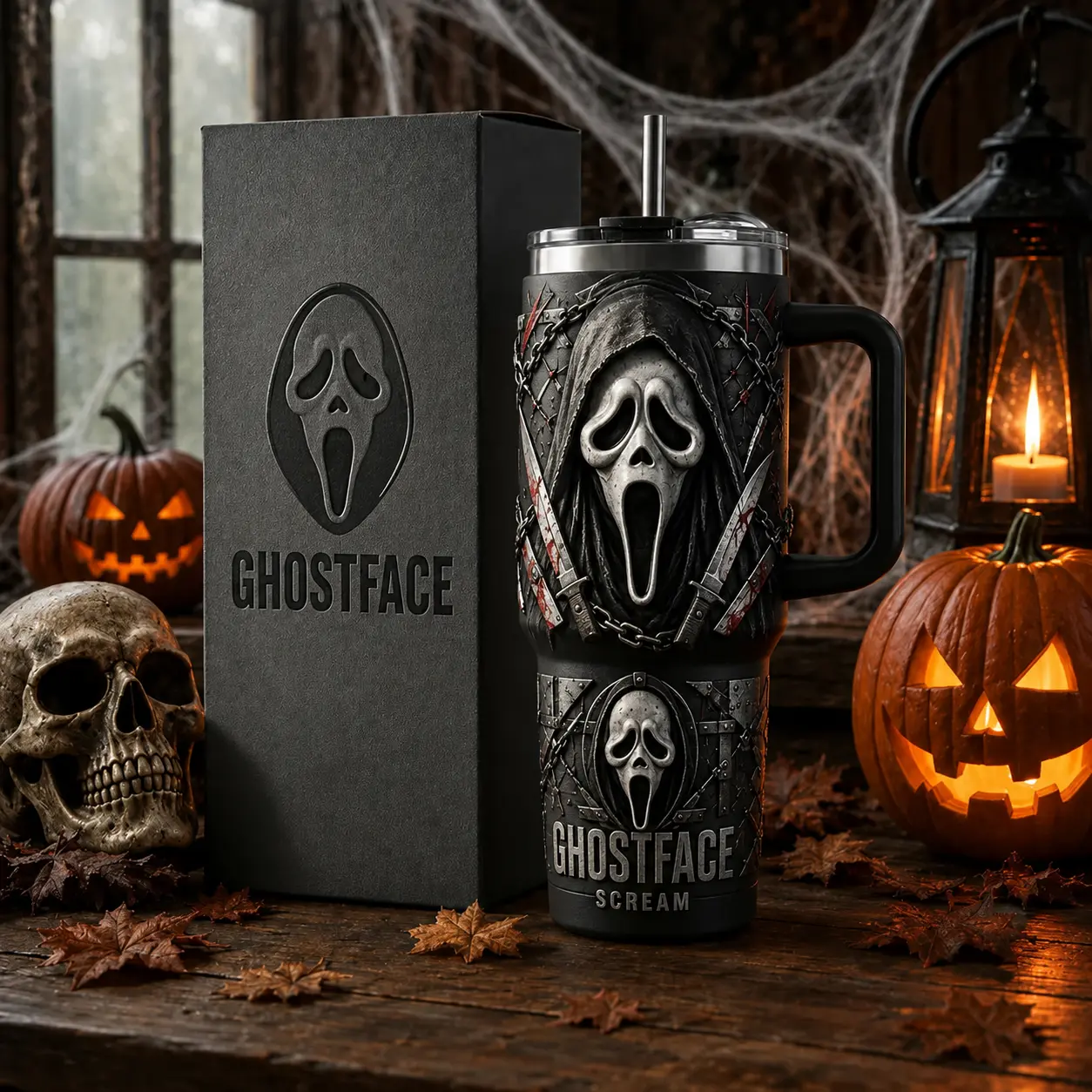 OceanSip4U Ghostface Scream 40oz Stainless Steel Tumbler with Handle, Vacuum Insulated Travel Mug, Horror Movie Slasher Cup, Leak-Resistant Halloween Tumbler, Spooky Gift for Horror Fans
