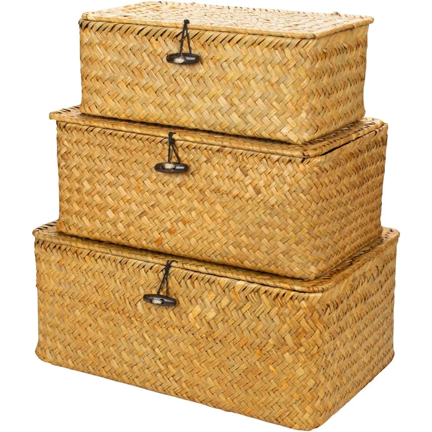 Shelf Baskets with Lid Set of 3, Handwoven Seagrass Storage Bins Box Rectangular Seagrass Basket Storage Organizer Wicker Basket for Shelf