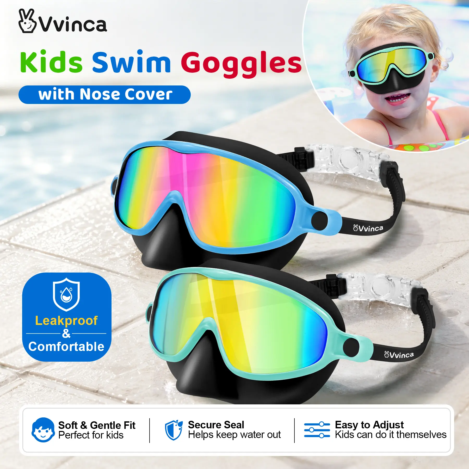 [Deals For You] Vvinca Swim Goggles 2 Pcs with Nose Cover for Ages 3-6/6-12+ Kids,Youth,UV Protection Anti-Fog Wide View Anti-Shattered Lens for Boys and Girls-Safety anti-uv swim glass anti-fog swimming goggles for Lake,Beach, Summer Party