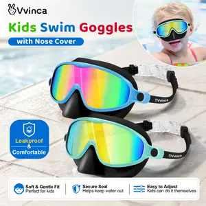 [Summervibes]Vvinca Swim Goggles 2 Pcs with Nose Cover for Ages 3-12+ Kids,Youth,UV Protection Anti-Fog Wide View Anti-Shattered Lens for Boys and Girls - Safety anti-uv swim glass anti-fog swimming goggles for Lake,Beach, Summer Party