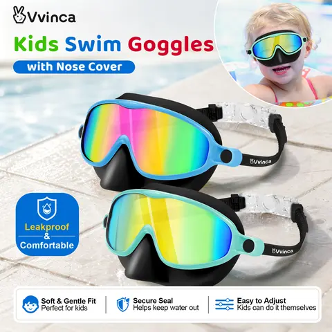 Vvinca Swim Goggles 2 Pcs with Nose Cover for Ages 3-6/6-12+ Kids,Youth,UV Protection Anti-Fog Wide View Anti-Shattered Lens for Boys and Girls-Safety anti-uv swim glass anti-fog swimming goggles for Lake,Beach, Summer Party，outdoorfun