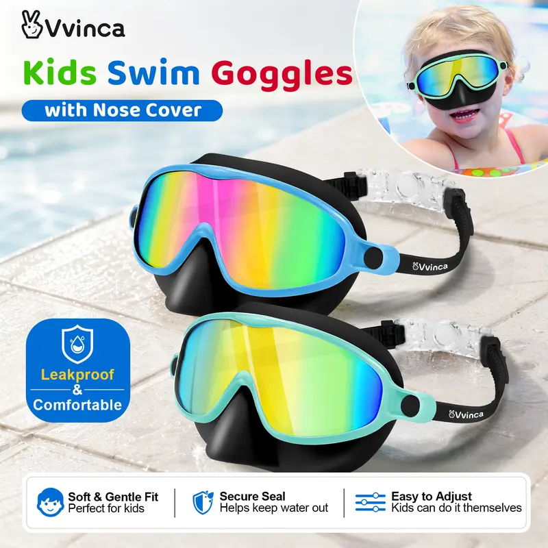 Vvinca Swim Goggles 2 Pcs with Nose Cover for Ages 3-6/6-12+ Kids,Youth,UV Protection Anti-Fog Wide View Anti-Shattered Lens for Boys and Girls-Safety anti-uv swim glass anti-fog swimming goggles for Lake,Beach, Summer Party，outdoorfun