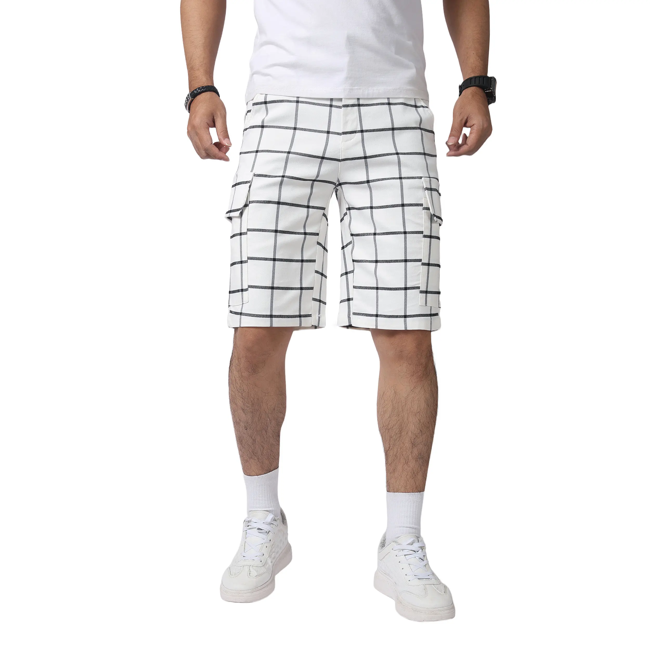 JUNBAOSS Menswear Casual Breathable Outdoor White Plaid Cargo Shorts - Black Grid Checkered Relaxed Fit Utility Work Shorts with Flap Pockets, Multi-Pockets for Summer, Casual Breathable Shorts 2026 fashion