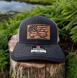 American Flag Hunting Fishing Leather Patch Hat Custom Trucker Hat Gift For Dad Or Husband Richardson 112 Or Flexfit Hat