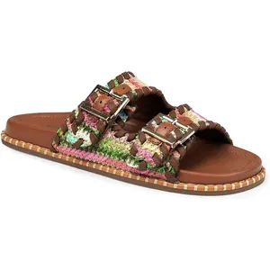 Women’s Genuine Leather Slide Sandals Double Buckle Comfort Flat Sandals Open Toe Slip-On Summer Shoes