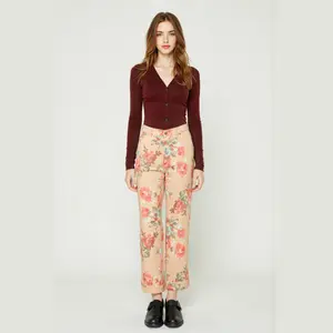 Women's Khaki Yellow Boho Floral Print Wide Leg Jeans with Double Rolled Hem & Front Zipper Closure Regular Fit Denim Bottoms for All Seasons Womenswear