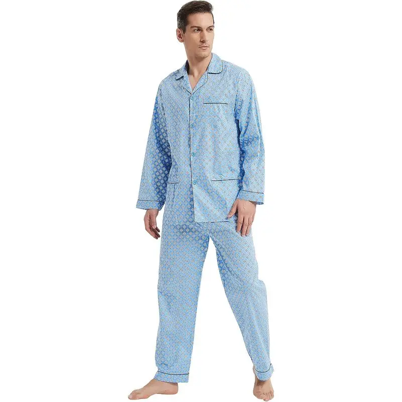 Mens Pajamas Set, 100% Cotton Woven Drawstring Sleepwear Set with Top and Pants/Bottoms