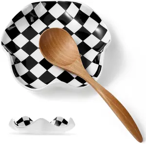 Ceramic Spoon Rest, 5.3in Black & White Pattern, Heat Resistant Cooking Spoon Holder for Kitchen Countertop, Stove Top, Spatula, Ladle, Coffee Spoon Rest
