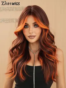 26 Inch Long Body Wavy Pre Styled Synthetic Hair Wig for Women, Natural Looking Fluffy Synthetic Fiber Wavy Texture Wig with Curtain Bangs, Full Machine Highlight Loose Wave Wig for Party, Daily Use, Highlight Brown Wig, Synthetic Wavy Hairstyle