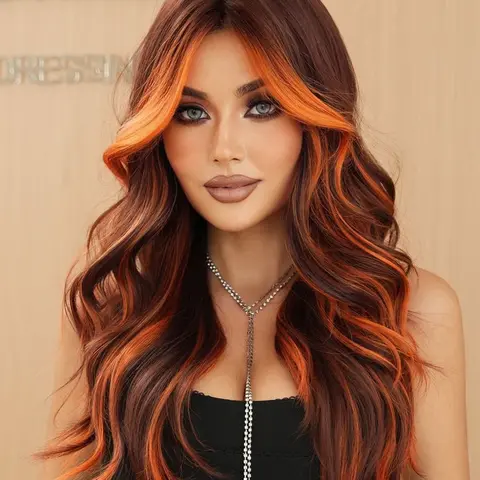 26 Inch Long Wavy Highlight Brown Synthetic Hair Wig for Women, Natural-Looking Fluffy Texture with Curtain Bangs, Loose Wave Wig for Party and Daily Use, Fluffy Synthetic Wigs