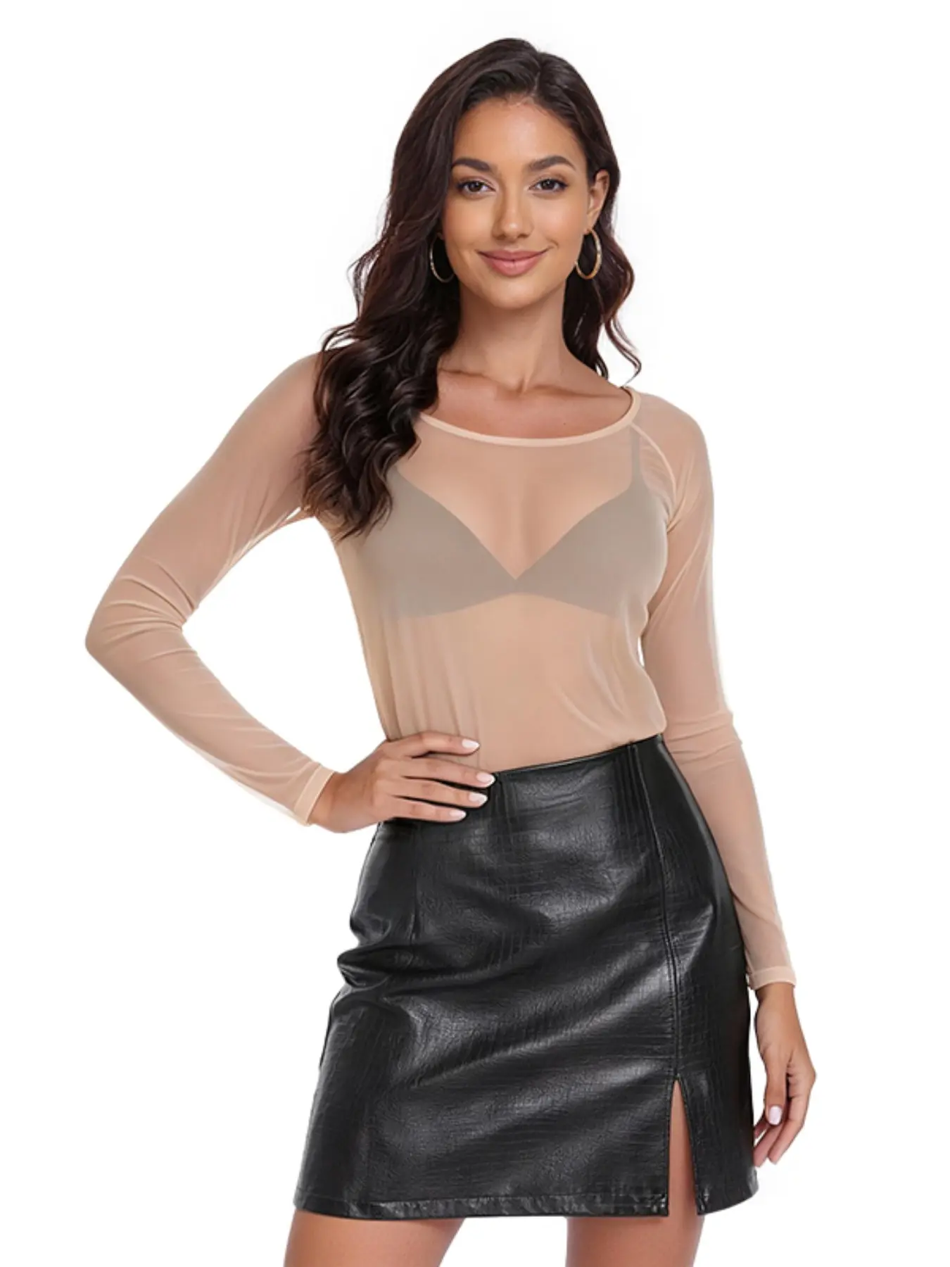 Women's Round Neck See Through Mesh Long Sleeve Bodycon Underwear Top, Round Neckline, Slim Fit Inner Wear, Comfortable and Stylish, Womenswear, Style