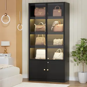5-layer glass curio display cabinet, storage cabinet with 3-color lighting, lockable cabinet for collections, toys, books, storage cabinet, suitable for playroom, bedroom, living room, black