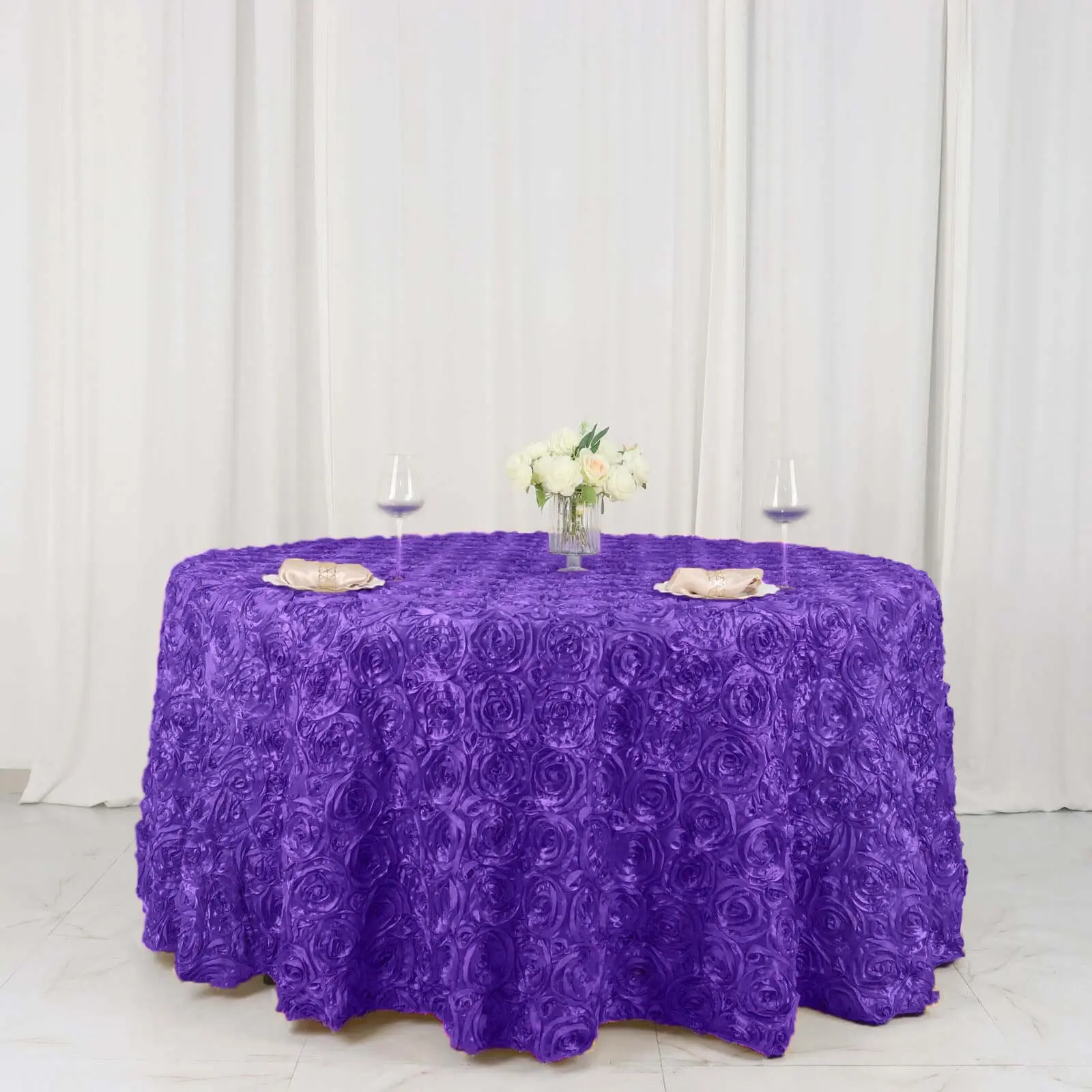 120" Round Satin Tablecloth, Purple - Grandiose 3D Rosette, Seamless Finish Table Cover for Table Setting, Wedding, Anniversary, Reception, Party