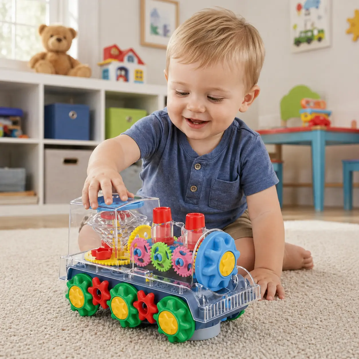 Transparent Gear Light-Up Crawling Train Toy - Battery-Powered Unisex Crawler with See Gears Spin, Flickering Lights, Learning Music, Rechargeable Design, Memory Training, Observation for 6-8 Years Kids' Development, Birthday Gifts, Children's Development