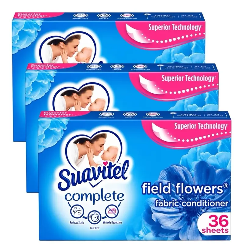 Suavitel Complete Fabric Softener Dryer Sheets, Field Flowers - PACK OF 3, 108 Sheets total