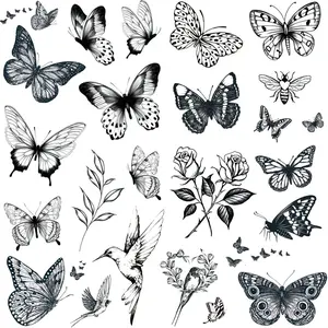 6 sheets large Black Butterfly Temporary Tattoos for Women-flowers butterflies Hummingbird swallow Rose Temporary Tattoos Waterproof Long Lasting Tattoos Stickers Sexy Fake Tattoo for Adults