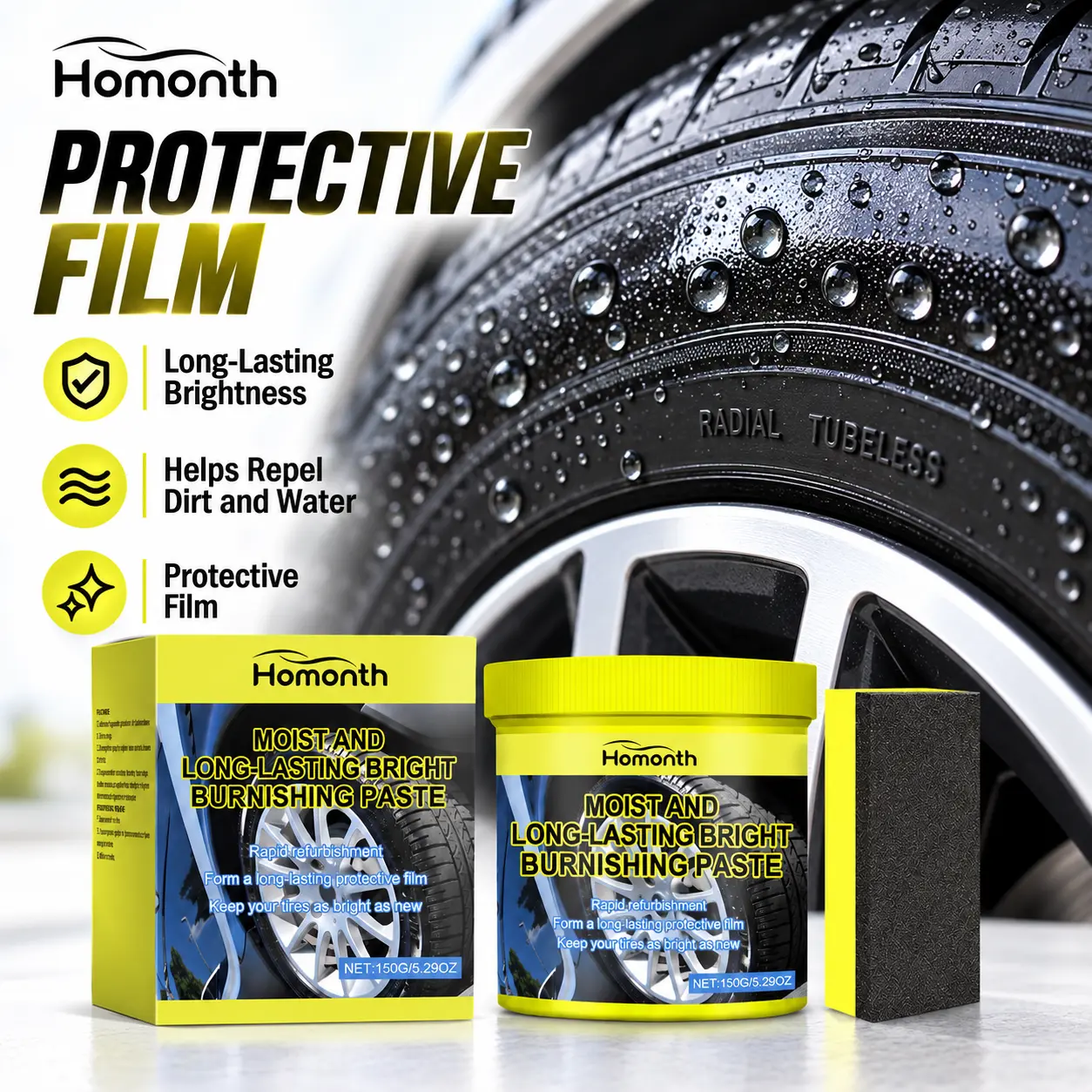 150g Car Tire Shine Gel Paste, Long-Lasting Gloss Finish Protectant, Water-Repellent Auto Tire Care Dressing, Deep Black Restoration Cleaner with Applicator Sponge for Auto Detailing
