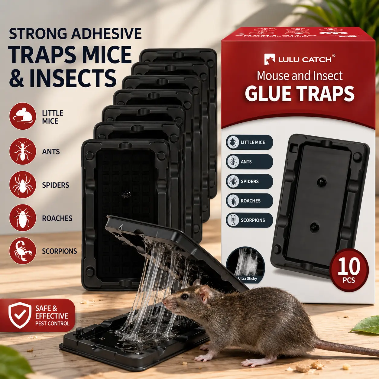 LULUCATCH Pre-Scented Non-Toxic Glue Traps, 10-Pack Sticky Boards for Mice, Crickets, Roaches, Lizards, Bugs - Pet-Safe Indoor Home & Garage Pest Control Supplies