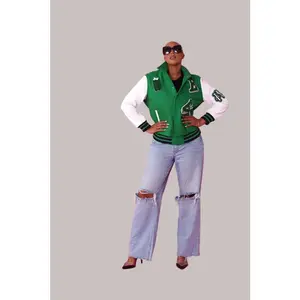 Green Varsity Jacket -82152 Casual Women's Oversized Baseball Style Coats with White Sleeves & Bold Front Patches