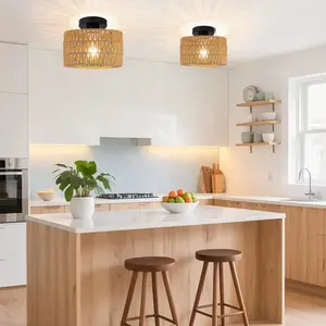 Modern Gold/Black Metal Handwoven Chandelier - Semi-Flush Minimalist Modern Design with Black Shade for Bedroom, Living Room, Hallway, Study - Durable Metal Construction,