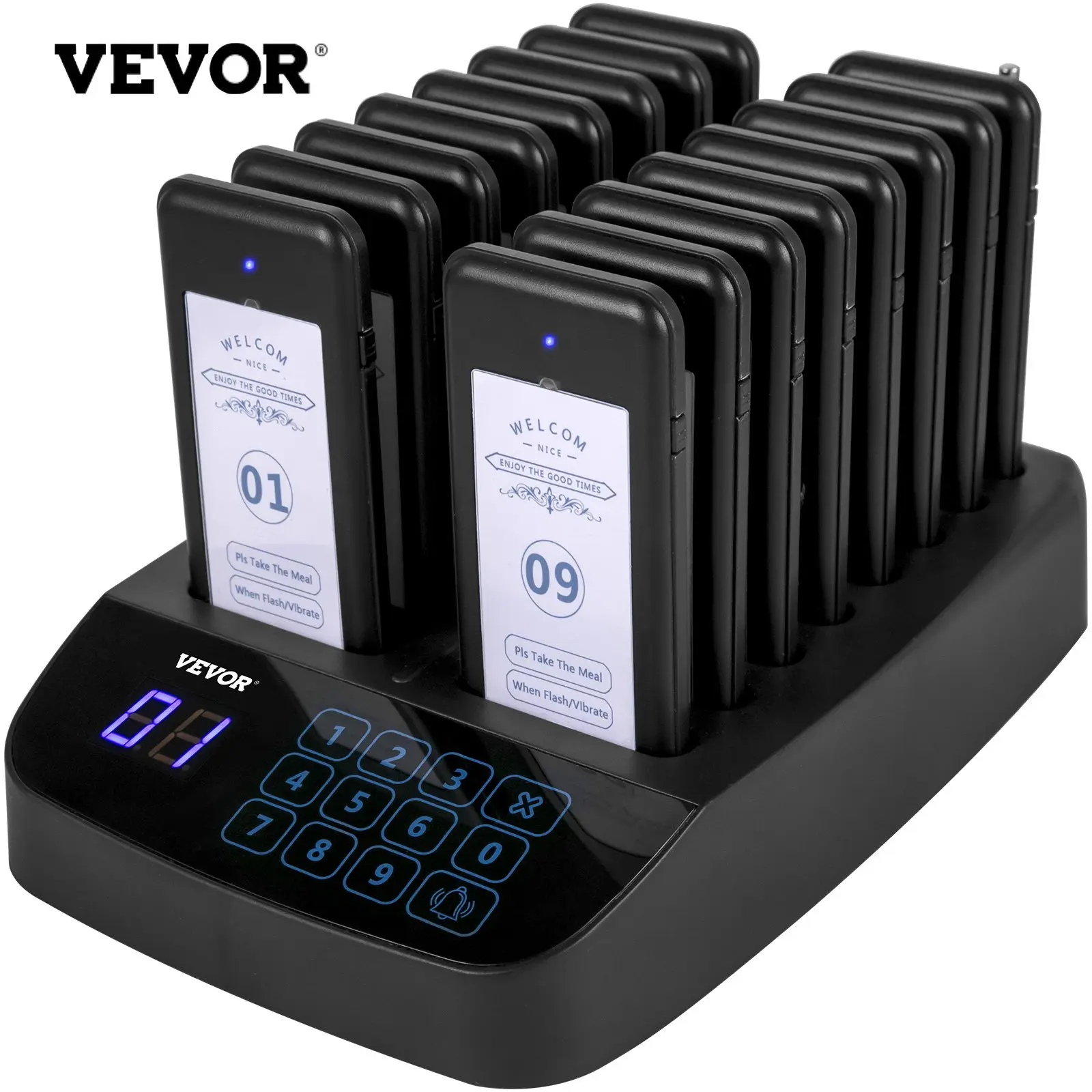 VEVOR F101 Digital Rechargeable Wireless Plastic Cordless Restaurant Pager System - 16 Pagers, Waterproof Touch Screen Keyboard, 10.3x4.9x1cm & 23.5x15.8x3.6cm, Vibration/Flashing/Buzzer Alerts for Restaurants, Nurses, Nurse, Church