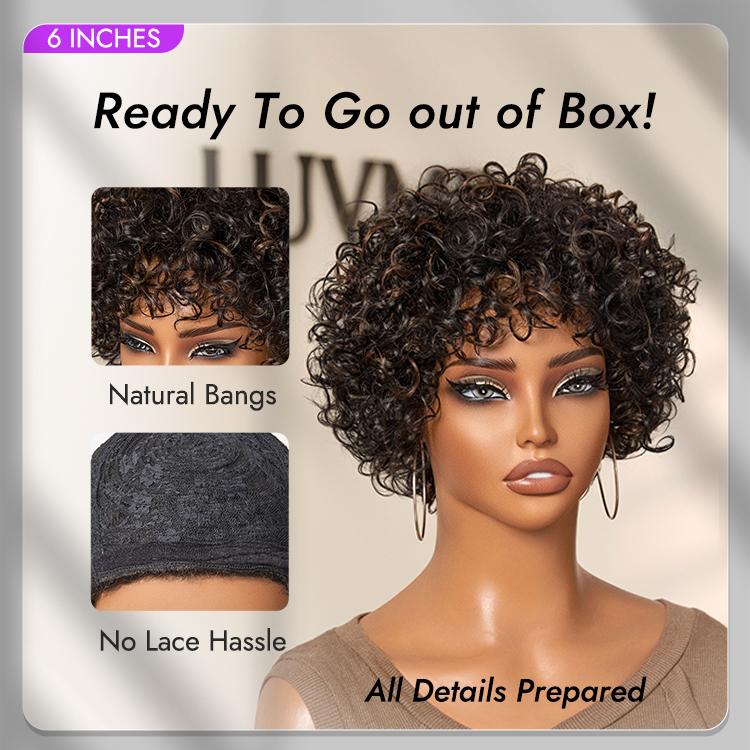 【LIVE】Brown Highlight Throw On & Go Short Bouncy Curls with Bangs Glueless Wig 100% Human Hair - US Only