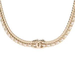 Pre-owned CHANEL 22P Crystal Double CC Leather Woven Chain Choker Necklace JLP019874