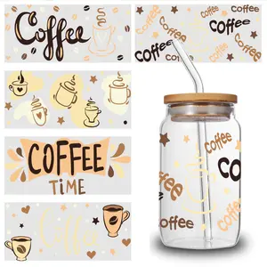 5 Sheets Coffee Time UV DTF Stickers Faithful Symbols DIY Water Bottle Glass Flowers Religious Peonies Vinyl Retro Halloween Bat Cup Wraps anti reflective window tint Resistant Outdoor Silk Morning Glory