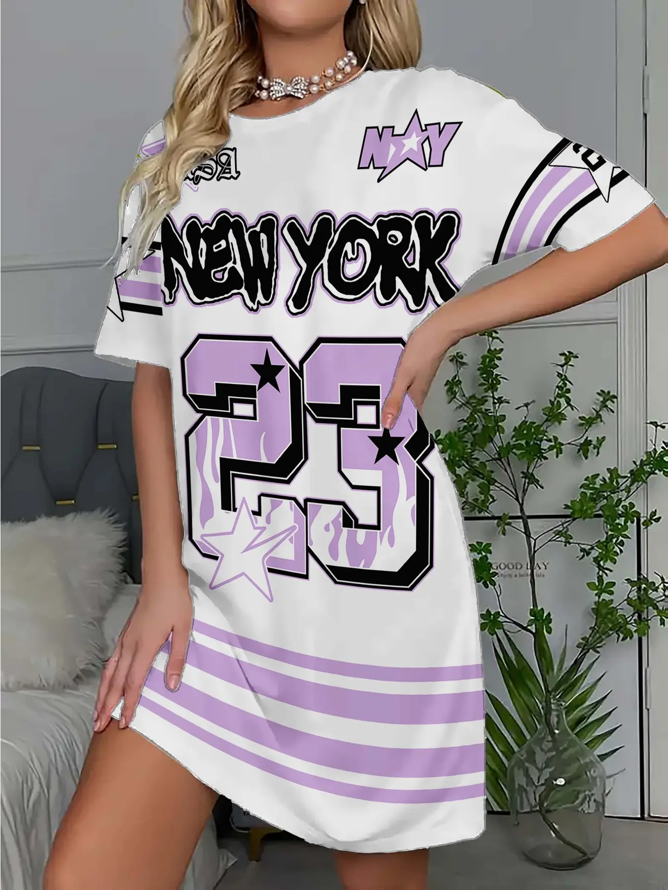 23 Number Printed Long Sleeve T-shirt | Five-star Printed American Style Cool Short Sleeve Long T-shirt, Mid-length Nightgown, Sleepwear for Outgoing and Home Use, Casual Style, Crew Neck, All Seasons