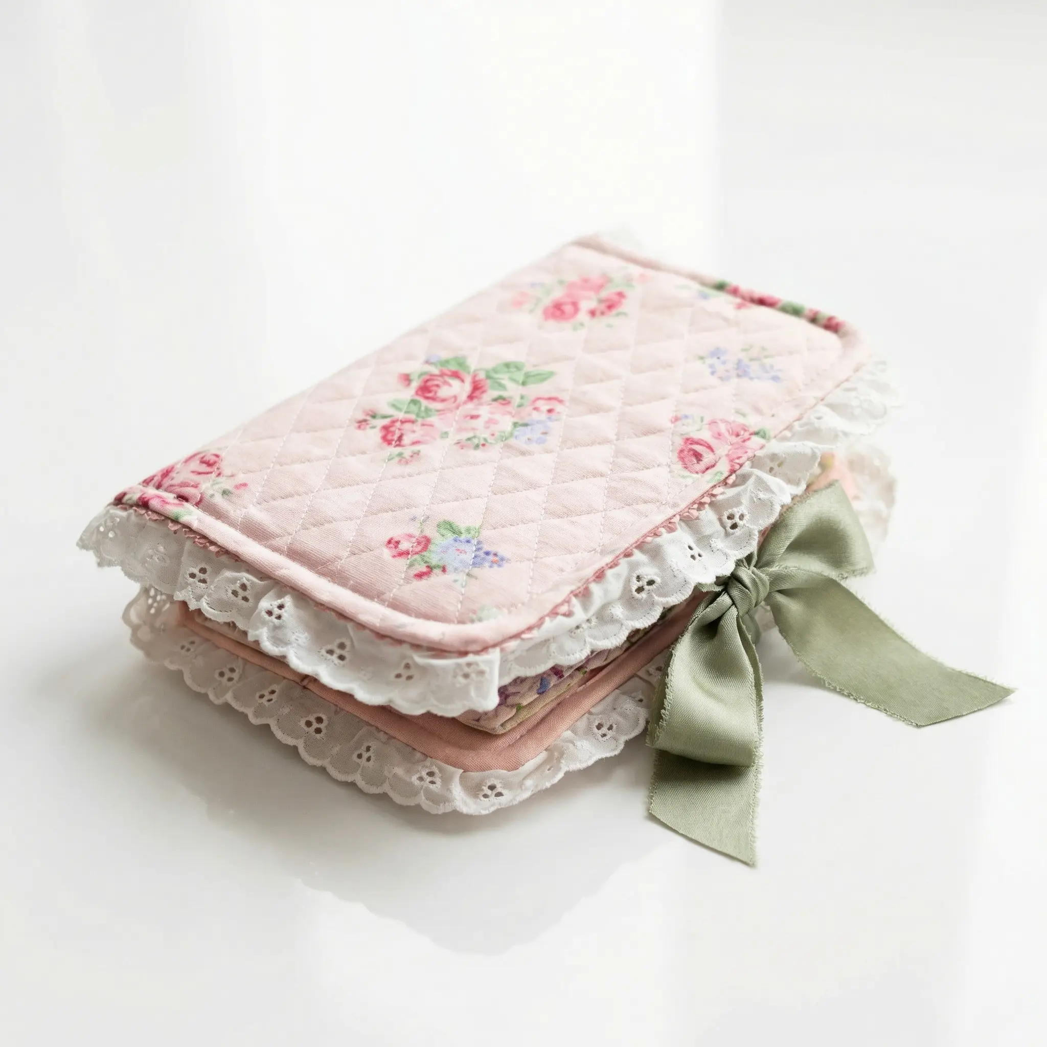 Pink Floral Quilted Bible Cover with Lace Trim and Satin Bow – Feminine Bible Case, Gift for Her Accessory Flower