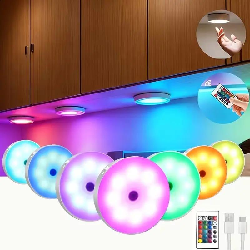 1/3/6 RGB Night Lights with Remote Control, USB Rechargeable, Adjustable Brightness, Motion Sensor, Multifunctional Ambient Lights, Ideal for Bathroom, Closet, Stairs, Hallway, Office, Light Dimmable, Adjustable RGB Lighting