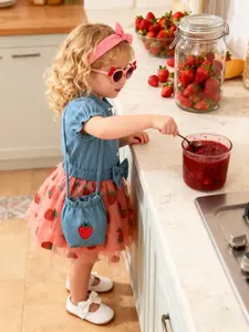 Baby Girl 3-Piece Set, Cute Strawberry Print Short Sleeve Shirt & Bow Lace Skirt, Includes Small Shoulder Bag, Summer Party Wear