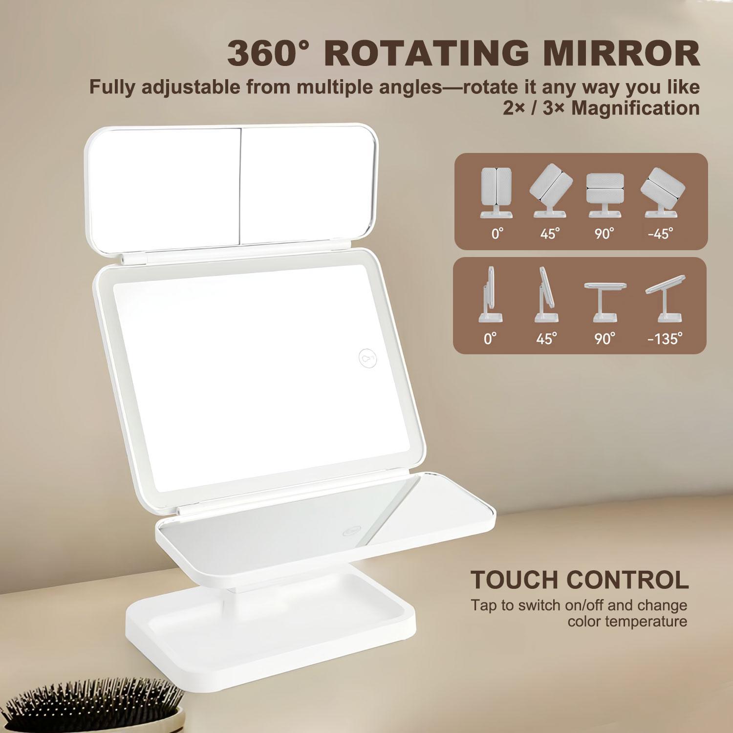 Summervibes Foldable LED Makeup Mirror, 3 Light Modes, 2X/3X HD Magnification, Touch Dimmable, 360° Rotatable, Portable Vanity Mirror, Exquisite Gift Box, Ideal Gift for mom and girlfriend