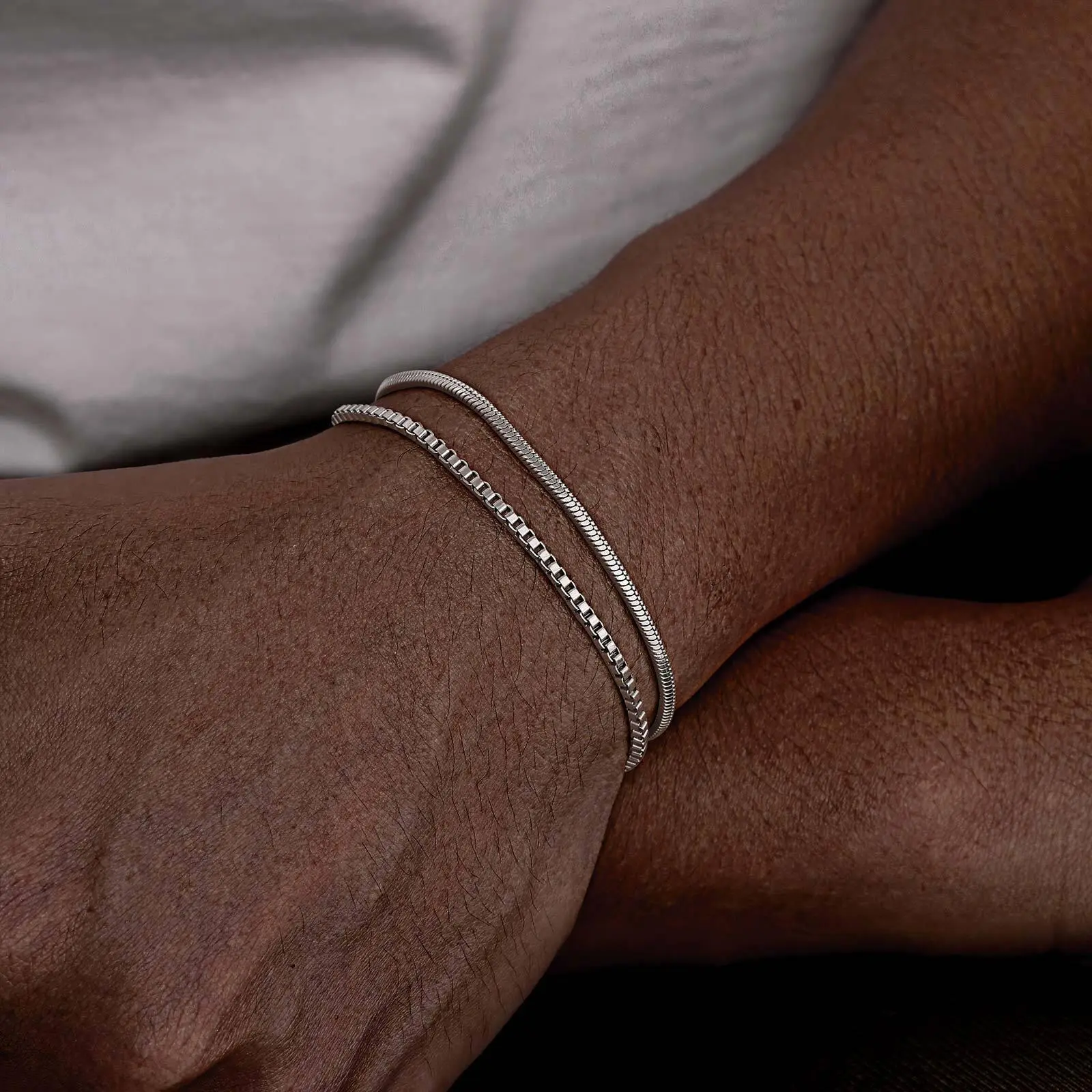2pcs/set Simple Thin Chain Bracelets for Men,Square Box Chain Bracelet,Stainless Steel Jewelry Gift