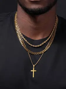 Men's Cross Pendant & Curb Chain & Rope Chain Necklace, Fashion Geometric Cross Design Jewelry for Party, Daily Clothing Decor, Trendy All-match & Exquisite Jewelry for Birthday Gift