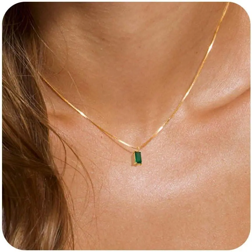 Diamond Necklaces for Women 14K Gold Plated Emerald Birthstone Necklace for Women Mothers Dainty Gold Necklace Blue Green Cubic Zirconia Pendant Necklace Birthday Gifts for Women Jewelry
