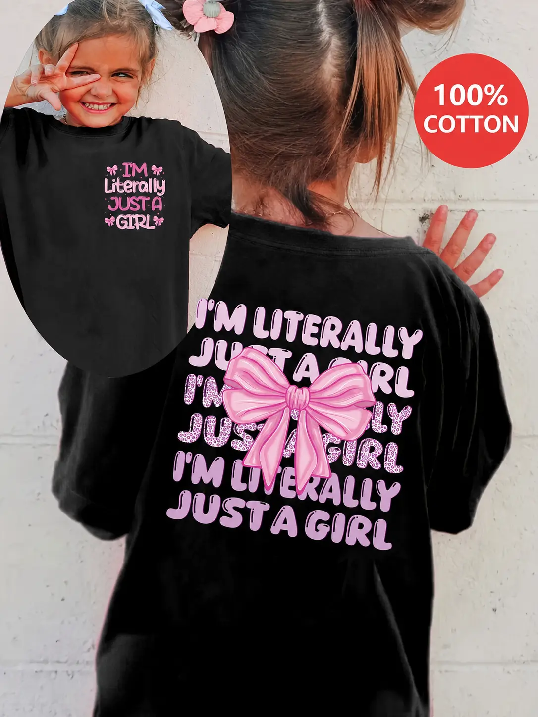 I’m Literally Just A Girl Girls T-Shirt Double Sided Pink Coquette Bow Leopard Print Bubble Letter Short Sleeve Cotton Black Girly Kids Tee