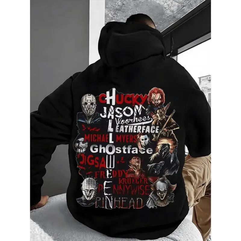 Men's Horror Graphic Hoodie - Stylish, Stretchy, Breathable Long-Sleeve Autumn Winter Pullover with Cartoon Monster Print, Kangaroo Pocket, Menswear Tops for Halloween Fans Casual Streetwear