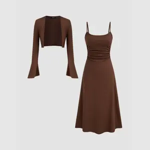 Cider Ruched Solid Cami Maxi Dress & Solid Long Sleeve Shrug